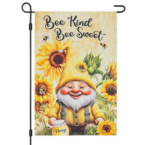 Vigor Home Bee Kind Sunflower Spring Summer Garden Flag 12x18 Inch Double Sided Burlap, Sunflower Bumble Bee Gnome Funny Spring Samll Vertical Yard flags for Outside Outdoor Decoration
