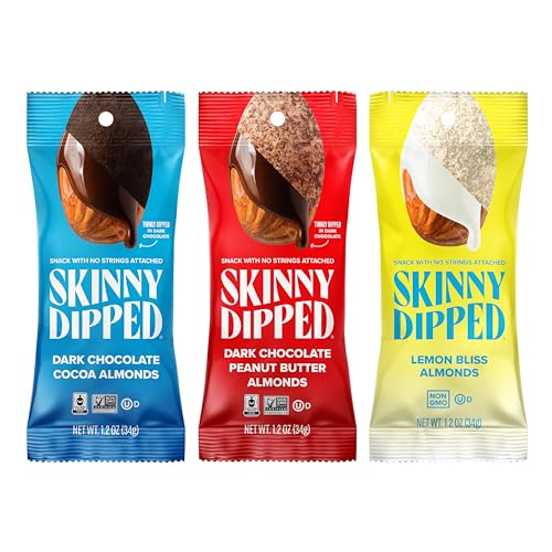Image of SkinnyDipped Snack Attack Almond Variety Pack, 1.2oz Bags | 15 Pack | Crunchy Whole Almonds Thinly Dipped in Chocolate | Gluten Free | Plant Protein Snack Packs