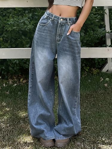 ebossy Women's Casual Loose Barrel Jeans High Waist Inspired Wide Leg Horseshoe Long Denim Pants with Pockets3