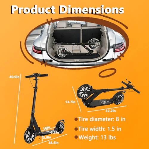 Image of Kick Scooter for Ages 13+, Teens and Adults. Led Light Up Wheels, 4 Levels Adjustable Handlebar, Dual Brakes, Anti-Slip Pedal, Foldable 8in Big Wheels for Kids (300lbs)