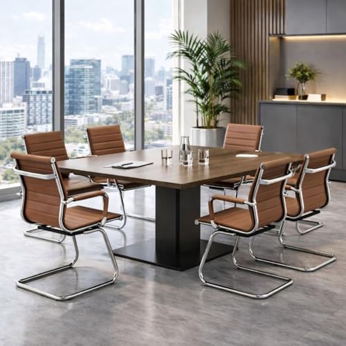 Image of Conference Room Chairs Set of 6, Waiting Room Chairs with Arms, Faux Leather Reception Chairs No Wheels, Office Guest Chairs with Mid Back Support and Chrome Sled Base, Cafe