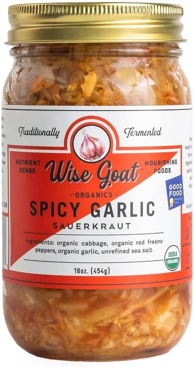 Raw Organic Fermented Sauerkraut, “Spicy Garlic” Variety [Vegan, Gluten Free, Non-GMO, Probiotic] 16 oz Glass Jar - Wise Goat Organics