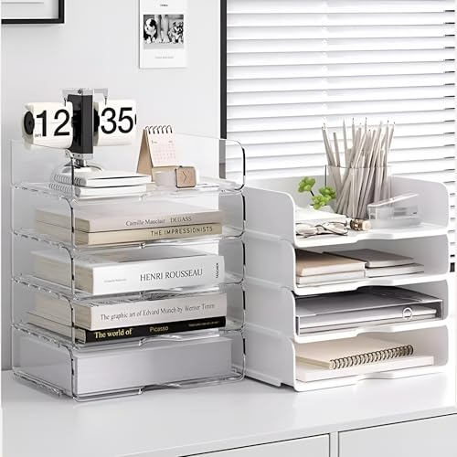 Image of 4-Tier Paper Organizer for Desk, Stackable Desk Organizer Paper Tray, Ideal for Office Supplies,A4 Storage (Clear, 4-Tier Widened)