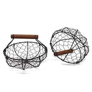 CVHOMEDECO Chicken Wire Egg Baskets Rust Gathering Baskets with Wooden Handle Country Vintage Style Storage Baskets Set of 2 Round