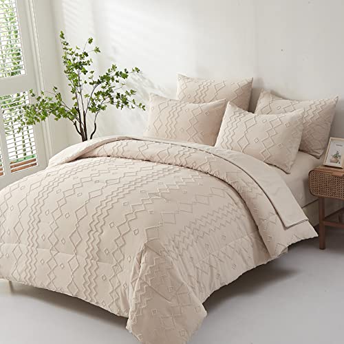 Khaki Tufted Comforter Set Queen With Sheets,7 Pieces Bed In A Bag Boho Comforter Shabby Chic Geometry Embroidery Bedding Set Soft Microfiber Farmhouse Comforter (Queen 90×90 Inches) #TOP8
