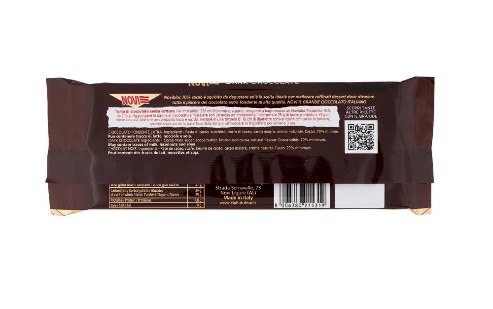 Novi Novibloc Cioccolato Fondente - Lote de 18 pizarras extra de chocolate negro 70% cacao 140 g + lata italiana gourmet Polpa di Pomodoro de 400 g | Extra amaro; cacao intenso, piezas sólidas para hornear, dividir o como, peso neto total 2,52 kg + Polpa