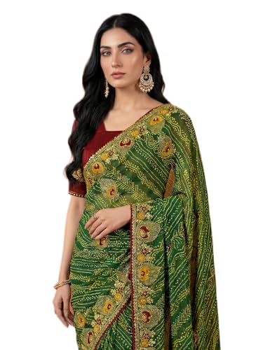 Image of SIRIL Women's Bandhani Printed Embroidery Georgette Saree with Unstitched Blouse Piece