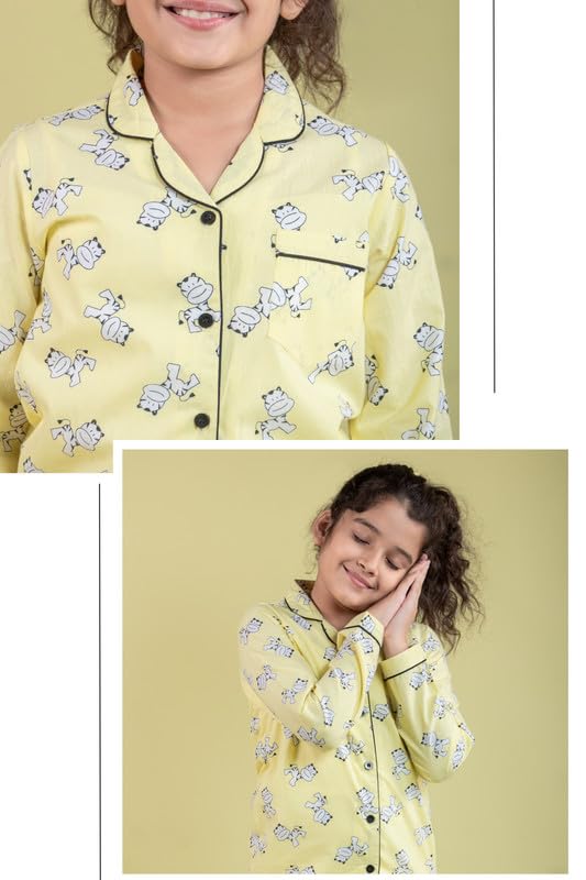 Image of Tweeny Mini Kids Girls Pure Rayon Night Suit | Sleepwear| Night Wear | Nightdress | Top Shirt & Pyjama Combo Set Floral Printed with Pockets Full Sleeves