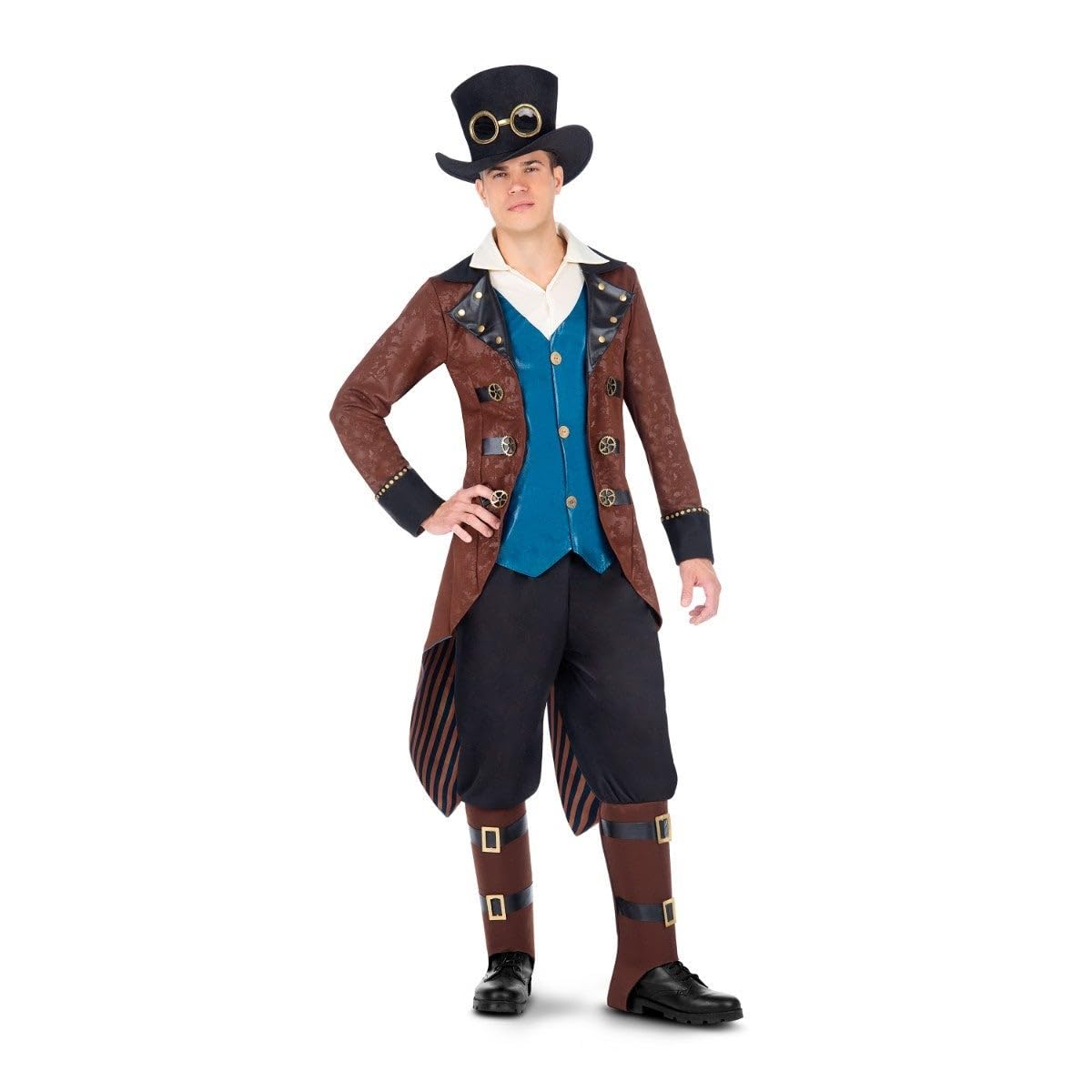 My Other Me - Disfraz Steampunk hombre adulto azul y marrón | Incluye chaqueta larga marrón, chaleco azul, pantalón con cubrebotas marrones y sombrero negro