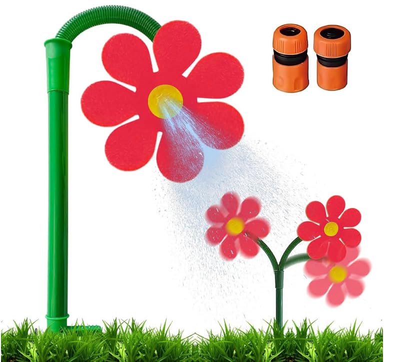 Crazy Daisy Sprinkler - 360° Rotating Dancing Flower Water Sprinkler with 2 Adapters for Lawn & Garden, Fun Irrigation Tool for Yard Watering Dog & Pets Playing (Red)