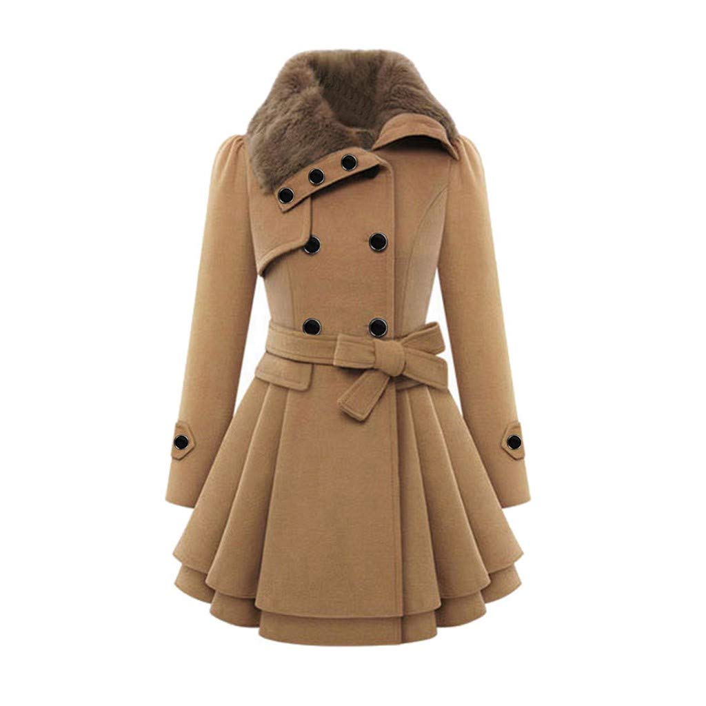 Homebaby Women Winter Coat Women's Coffee Winter Warm Coat Faux Woolen Trench Thicken Warm Slim Hem Cloak Jacket Windbreaker Long Sleeve Cardigan Top Outerwear Overcoat Plus Size