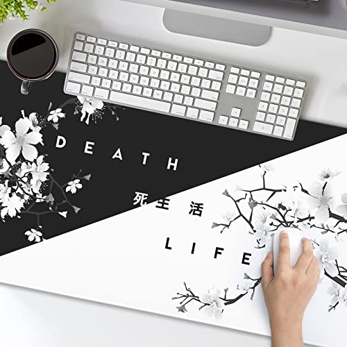 Image of Black White Cherry Blossom Mouse Pad Japanese Sakura Death Life Extended Desk Mat 90X40 CM Non-Slip Rubber Base Stitched Edge Large xxl Playmat for Gaming Laptop Computer Office Desktop,35.4x15.7 Inch