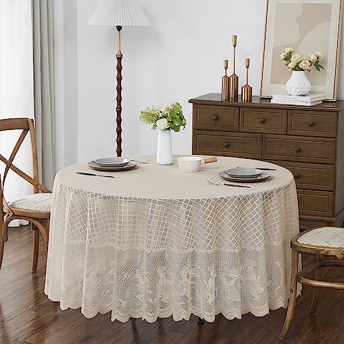 Image of LinenZone 70 Inch Round Vintage Tablecloth. Each Lace Tablecloth Adds a Touch of Nostalgic Elegance to Your Farmhouse, Country, Shabby Chic or Rustic Table Decor. (Sherry Round 70, Linen)