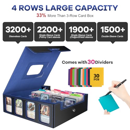 Image of 3200+ Trading Card Storage Box with Commander Display, 4-Row TCG Card Box with Portable Handle, Compatible for TCG /MTG /Magic Cards, 30 Colorful Divider, 8 Supporters, US Design Patent (Black&Blue)