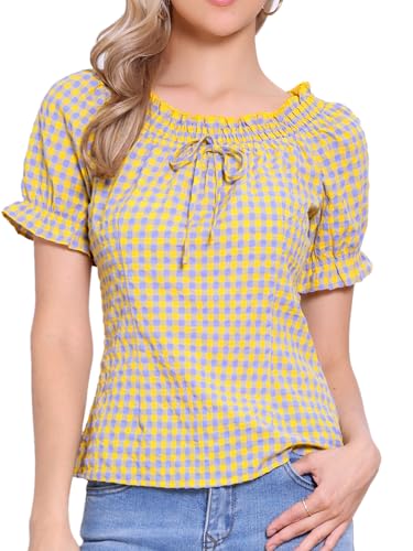Allegra K Gingham Plaid Blouse for Women Peasant Round Neck Ruffles Puff Sleeve Top Purple Yellow S