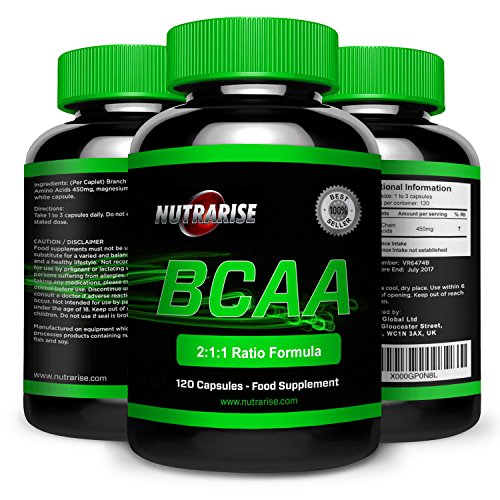 BCAA, Branched Chain Amino Acids for Weight Loss, Ideal for Bodybuilding, Strength and Endurance, Contains Glutamin for Pre Workout & Recovery, Made in The UK, 120 Capsules by Nutra Rise