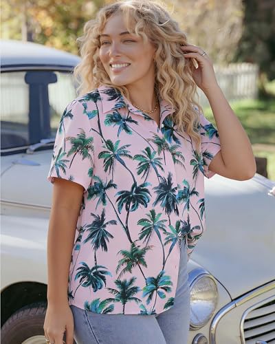 Image of Women Hawaiian Shirt Button Down Summer Tops Beach Short Sleeve Blouse