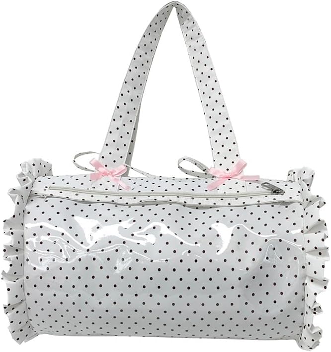 Kawaii Polka Dot Barrel Tote Bag, Cute Ruffle Trim Shoulder Bag with Pink Bow, Ita Purse Clear PVC Window Handbag