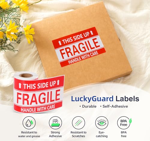 Image of 3x5 Inch Handle with Care This Side Up 100 Permanent Adhesive Fragile Stickers for Shipping Moving Glass Labels (1 Roll, 100 Labels)