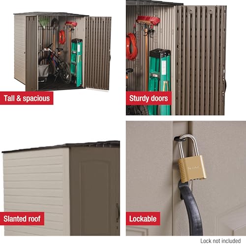 Image of Rubbermaid Large Vertical Resin Outdoor Storage Shed With Floor (5 x 6 Ft), Weather Resistant, Brown, Organization for Home /Backyard /Garden Tools /Lawn Mower /Bike Storage /Pool Supplies