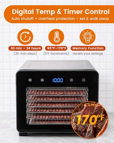 Image of Food Dehydrator Machine, 720W 8-Tray Stainless Steel Dryer with Clear Window Door, 95-170F Digital Temp Control & 24H Timer, 360 Airflow for Jerky, Fruit, Herbs, Dog Treats