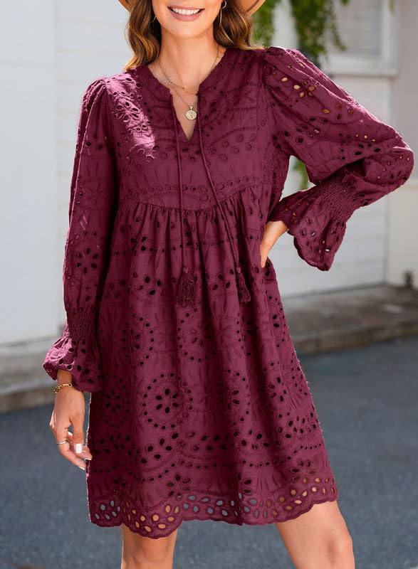 Image of Dokotoo Womens 2026 Boho Dress Tassel V Neck Long Sleeve A Line Casual Hollow Out Lace Ruffle Party Dresses