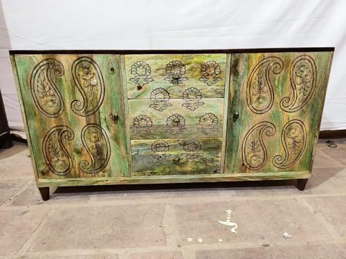 Vintage Wooden Sideboard Cabinet with Hand Carved Paisley and Floral Design, Green Distressed Finish, 4 Drawers Storage, Rustic Solid Wood Furniture for Living Room, Dining Room