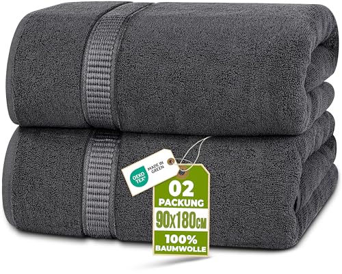Utopia Towels - 2er Badetücher Groß aus Baumwolle mit Aufhänger, Saunatücher,Badehandtücher Groß, Handtücher 90 x 180 cm (Grau)
