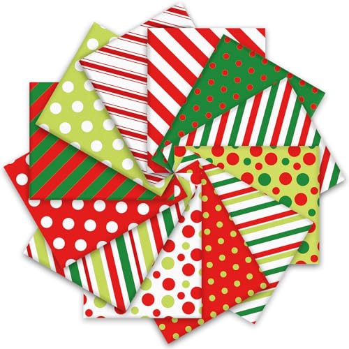 Whaline 12Pcs Christmas Fabric Squares Cotton Fabric Bundles Red Green Dot Stripe Small Sewing Fabrics for Xmas Winter DIY Sewing Craft Decor 10 x 10 Inch