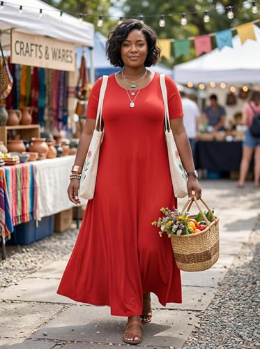 Image of SUZONANA Plus Size Maxi Dress for Curvy Women Summer Casual Sundress Short Sleeve Loose Vacation Dress
