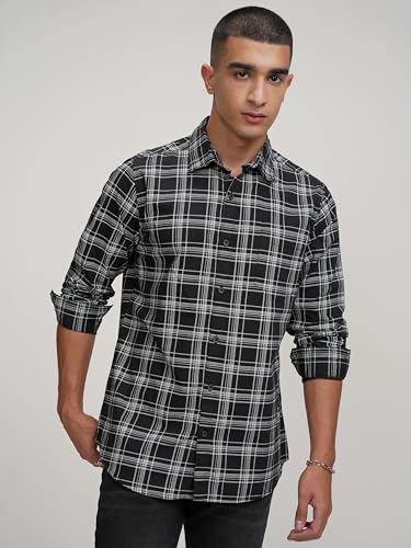 Image of Highlander Men's Casual Shirt | Checked | Slim Fit | Button Closure | Timeless Pattern with A Contemporary Appeal Black /White