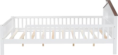 Miniatura 69 de Moderna plataforma de tamaño matrimonial con cabecera de almacenamiento y barandilla de seguridad para niños, plataforma de madera funcional con luz