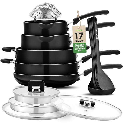 NutriChef 17pcs Black Stackable Pots and Pans Set, Nonstick Induction Cookware, Space Saving Cookware, Easy Clean, Ideal For RV and Camper, Includes a Foldable Steamer Basket and Cooking Utensils