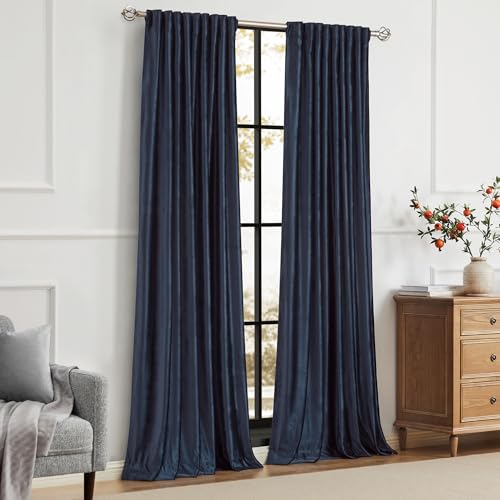 Image of 100% Blackout Navy Blue Velvet Curtains 102 inch Long for Living Room,2 Panel Back Tab Deep Blue Thermal Insulated Room Darkening Curtain with Liner Noice Reducing Soundproof Window Drapes for Bedroom