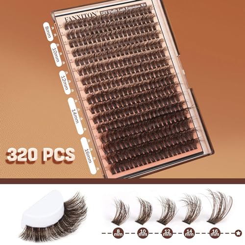 Image of Brown Lash Clusters 320 Pcs Lash Extension Kit DIY Eyelash Extensions Kit Natural Look Cluster Lashes D 8-16 MM Mixed Lash Bond and Seal Lash Tweezers for Lash Clusters Kit DIY at Home