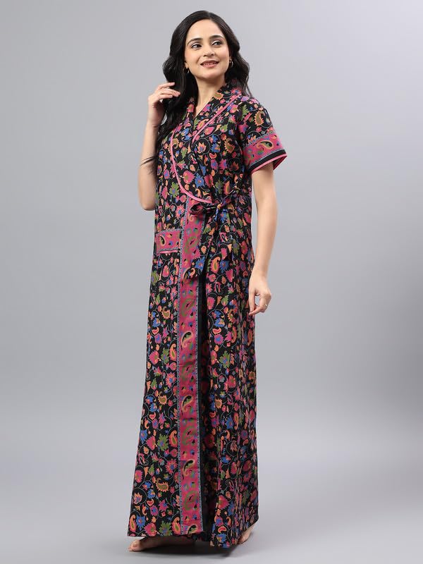 Image of bellamy Women Cotton Printed Maxi Nighty | Front Open Night Gown with Pocket | Regular Fit Sleepwear & Housecoat 1002