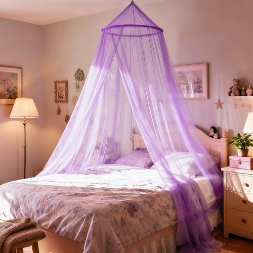 gogofree Purple Bed Canopy for Girls,Kids Princess Round Dome Bed Curtain, Dreamy Mosquito Netting for Girls Room Decor, Bedroom Accessories