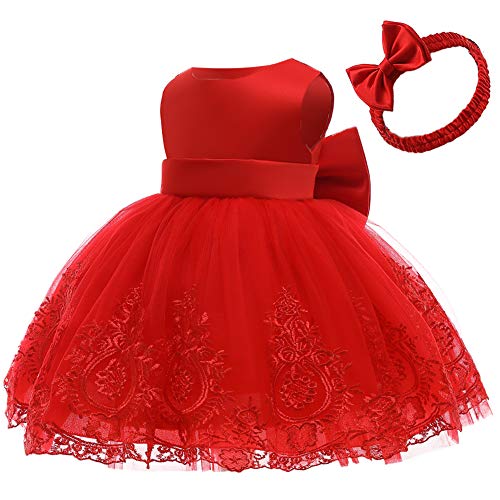 CMMCHAAH 0-6T Baby Girls Pageant Lace Embroidery Dresses Toddler Party Bowknot Tutu Gown Dress with Headwear2