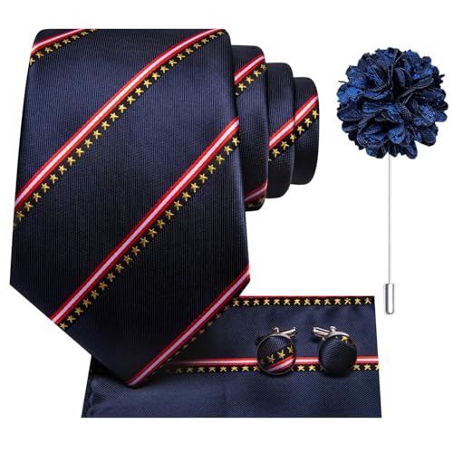 Image of Dubulle Mens Blue Red Tie and Lapel Pin Paisley Striped Floral Necktie for Men Pocket Square Cufflinks Wedding Party