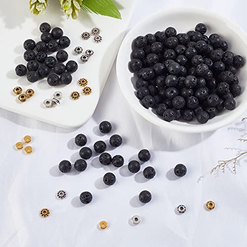 Nbeads 200 Pcs Natural Lava Beads, Natural Lava Bracelets Making Kit With 120 Pcs Tibetan Style Alloy Spacer Beads 11 Yds Elastic Thread Volcanic Lava Stone Rock Beads For Jewelry Making #TOP3