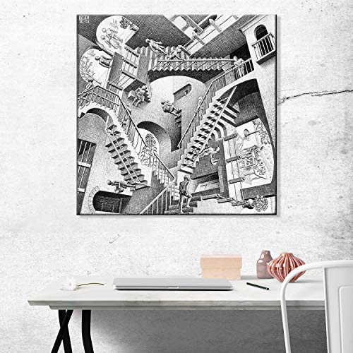 Giallobus - Schilderijen - Maurits Cornelis Escher - Relativiteit - Standaard frame canvas - 100x100 - Klaar om op te hangen - Moderne schilderijen voor thuis - Afbeelding 4
