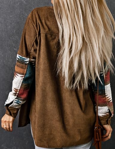 Perbai Womens Corduroy Flannel Shirt Long Sleeve Button Down Aztec Loose Shacket Jacket with Pockets4