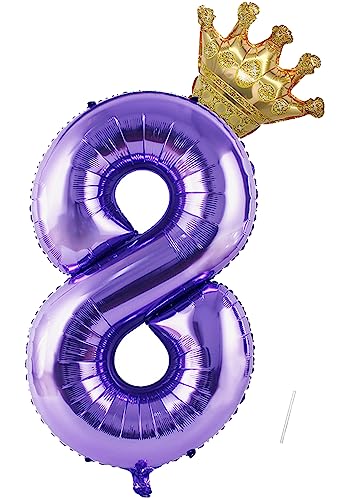 Foil balão número 8, VUCDXOP 101 cm violeta balão de aniversário 8 com coroa, balões de hélio número 8, decoração 8 aniversários crianças, balões gigantes NSJFS para festas, voam com hélio