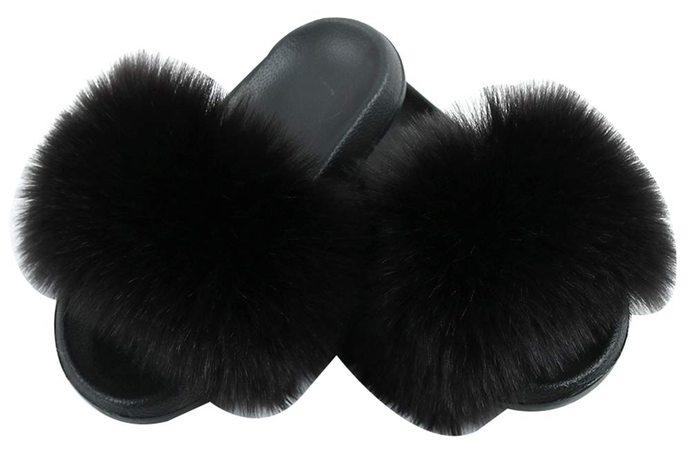 Photo 1 of Fur Slides for Women Fuzzy Slides Sandals House Fuzzy Fluffy Slippers Soft Flat for Indoor Outdoor Feather Slip On 5-6 Black