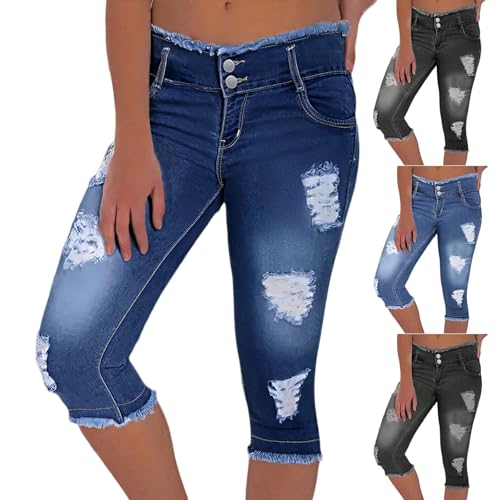 Womens Capris Jeans Low Rise Skinny Ripped Jeans Curvy Slim Fit Butt Lifting Distressed Cropped Denim Pants w/Pockets