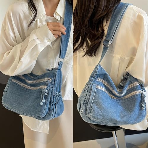 Image of Large Denim Purses for Women Denim Tote Bag Casual Retro Crossbody Lightweight Shoulder Bag Canvas Handbags
