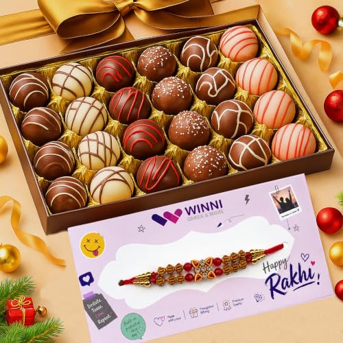 Image of WINNI - Deluxe 24 Pcs Truffle Chocolates + Rakhi Pack | Belgian Chocolate Gift | Rakhi Gift For Brother & Sister | Celebration Chocolate Gift Hamper | Rakhi Gift For Girls, Boys, Brother, Sister, Kids, Bhaiya, Bhabhi | Rakhi Gift Set | Dark Chocolate Pack | Chocolates Bouquet | Return Gift Box
