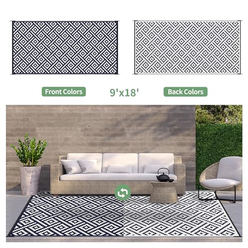Image of GENIMO Outdoor Rug, Waterproof Plastic Rugs 9'x18' for Camping Blue White
