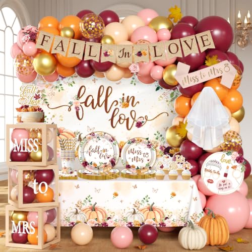 Fall in Love Bridal Shower Decorations - 271Pcs Fall in Love Party Decoration All-in-One Kit with Miss to Mrs Tableware Balloon Arch Backdrop Cake Topper for Autumn Wedding Shower Bachelorette Party