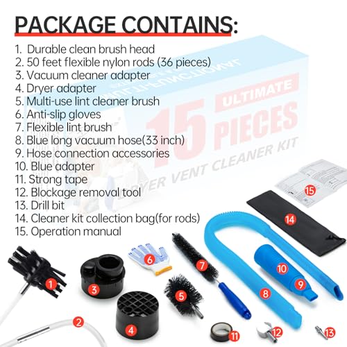 BLuesea Dryer Vent Cleaner Kit, 15-Piece Ultimate Dryer Cleaning Kit Include 50 Feet Dryer Vent Brush, Upgrade Noiseless Dryer Lint Vacuum Attachment, Lint Trap Brush, Vacuum & Dryer Adapters